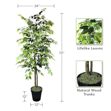 LCG Florals- Artificial Ficus Tree with Real-Wood Trunk & Black Plastic Pot - Indoor and Outdoor Faux Plants for Patio, Living Rooms, Offices & Outdoor Spaces (6FT, Black Plastic Pot)