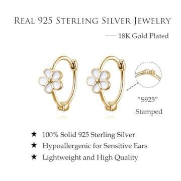 Reffeer Solid 925 Sterling Silver Flower Hoop Earrings Huggie for Women Teen Girls Daisy Hoop Earrings Cartilage Helix Earrings (B-18K Gold)