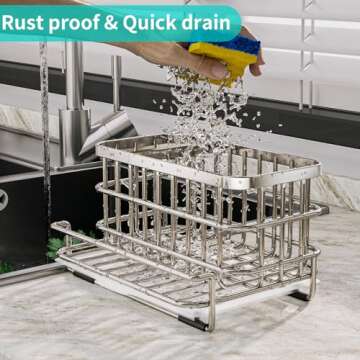 HapiRm Kitchen Sink Organizer, SUS304 Stainless Steel Rustproof Multifunctional Large Sink Caddy with Sponge Holder and Drain Tray for Kitchen Countertop (Silver)