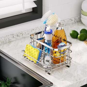 HapiRm Kitchen Sink Organizer, SUS304 Stainless Steel Rustproof Multifunctional Large Sink Caddy with Sponge Holder and Drain Tray for Kitchen Countertop (Silver)
