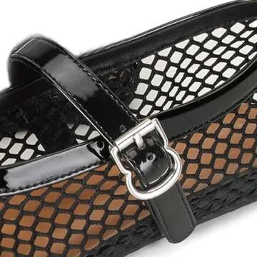 DOEYG Black Mesh Ballet Flats for Women Round Toe Mesh Flats Ballet Shoes Buckle Strap Mesh Mary Jane Flats Comfy Casual Office Summer Fishnet Ballerina Flats Shoes