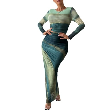 MARZXIN Womens Long Sleeve Maxi Dress Bodycon Ruched Natural Slim Fit Tie Dye Dress Cocktail Dresses...