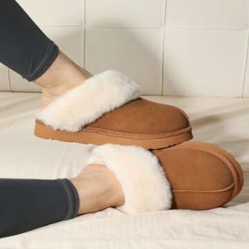 LazyStep Women's Madge Fuzzy Slippers with Comfort Memory Foam, Slip-on Warm Outdoor Indoor House Shoes(Tan, Size 7-8)