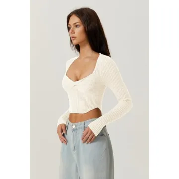 QINSEN Knit Crop Sweater with Sexy Square Neck Style