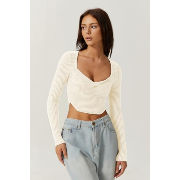 QINSEN Knit Crop Sweater with Sexy Square Neck Style