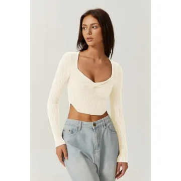 QINSEN Knit Crop Sweater with Sexy Square Neck Style