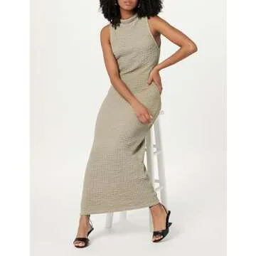 The Drop Lena High Neck Textured Midi Dress - Vintage Khaki