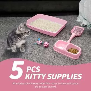 PAWISE Small Cat Litter Box Kit Includes 5 Pieces, Low Entry Cat Litter Pan, Cat Litter Scooper, Cat Bowls, Cat Mouse Toy for Kitty, Perfect Set to Welcome New Kitty Home, Pink