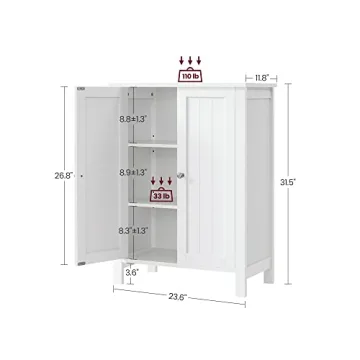 VASAGLE Bathroom Floor Storage Cabinet, Bathroom Storage Unit with 2 Adjustable Shelves, Bathroom Cabinet Freestanding, 11.8 x 23.6 x 31.5 Inches, White UBCB60W
