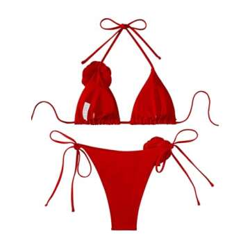 Lilosy Petite Sexy Appliques Floral Flower Halter Bikini Tie Back Side String Thong Swimsuit Set Wom...