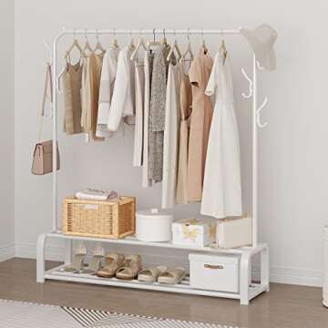 ACCSTORE Garment Rack Drying Rack Freestanding Hanger Bedroom Clothing Rack with 2-Tier Lower Storage Shelf and Side Hooks,White