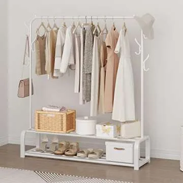 ACCSTORE Garment Rack Drying Rack Freestanding Hanger Bedroom Clothing Rack with 2-Tier Lower Storage Shelf and Side Hooks,White