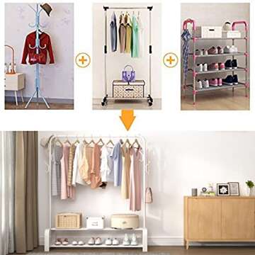 ACCSTORE Garment Rack Drying Rack Freestanding Hanger Bedroom Clothing Rack with 2-Tier Lower Storage Shelf and Side Hooks,White
