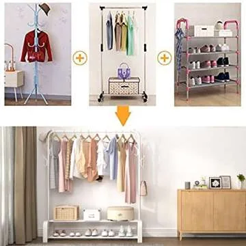 ACCSTORE Garment Rack Drying Rack Freestanding Hanger Bedroom Clothing Rack with 2-Tier Lower Storage Shelf and Side Hooks,White