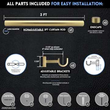 BlastHome® Luxury 3 ft Custom Curtain Rod – 1 1/4" Large Diameter – Premium Brackets & Endcaps – Nonadjustable Rods Connect for a Seamless Look – Brushed Gold Finish