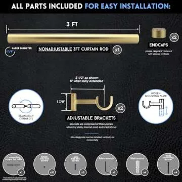 BlastHome® Luxury 3 ft Custom Curtain Rod – 1 1/4" Large Diameter – Premium Brackets & Endcaps – Nonadjustable Rods Connect for a Seamless Look – Brushed Gold Finish