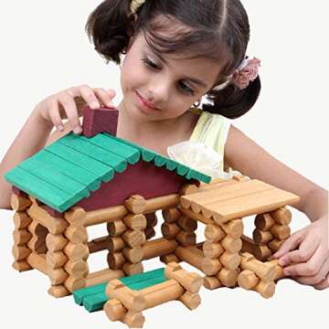 Wondertoys 90 Pieces Classic Wood Cabin Logs Set, Building Log Toy for Children, Farm House Construction Educational Toys for 3 4 5 6 Years Old
