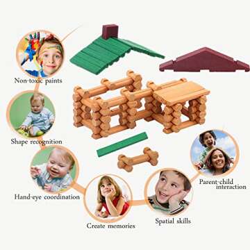 Wondertoys 90 Pieces Classic Wood Cabin Logs Set, Building Log Toy for Children, Farm House Construction Educational Toys for 3 4 5 6 Years Old