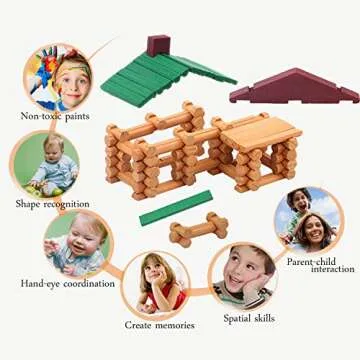 Wondertoys 90 Pieces Classic Wood Cabin Logs Set, Building Log Toy for Children, Farm House Construction Educational Toys for 3 4 5 6 Years Old