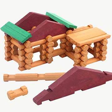 Wondertoys 90 Pieces Classic Wood Cabin Logs Set, Building Log Toy for Children, Farm House Construction Educational Toys for 3 4 5 6 Years Old