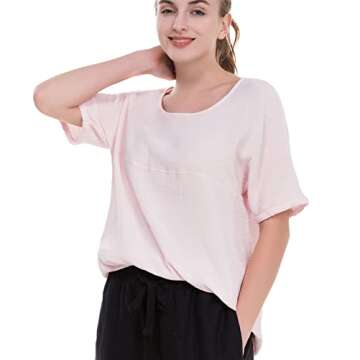 Soojun Women's Cotton Linen Round Collar Boxy Top Patchwork Blouses Pink, Small