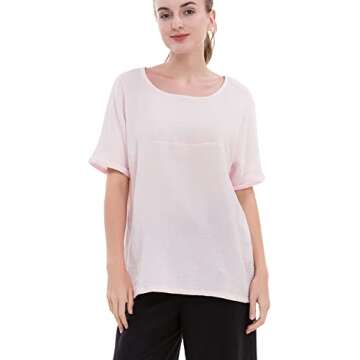 Soojun Women's Cotton Linen Round Collar Boxy Top Patchwork Blouses Pink, Small