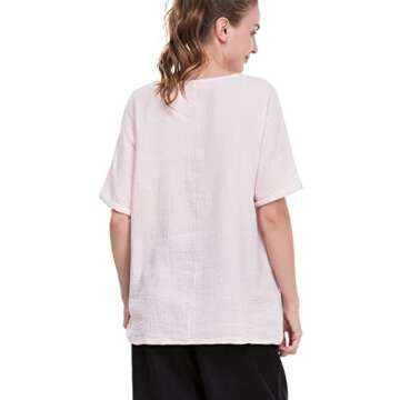 Soojun Women's Cotton Linen Round Collar Boxy Top Patchwork Blouses Pink, Small
