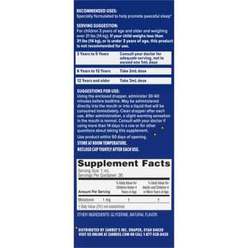 Zarbee's Kids Sleep Supplement Liquid with 1mg Melatonin; Drug-Free & Effective; Easy to Take Natural Berry Flavor for Children Ages 3 and Up; 1 Fl Oz Bottle