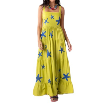 Argeousgor Women Summer Boho Spaghetti Strap Dresses Square Neck Ruffle Embroidered Long Dress Casua...