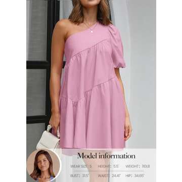 KIRUNDO Womens Summer One Shoulder Mini Babydoll Dress - Pink, Medium