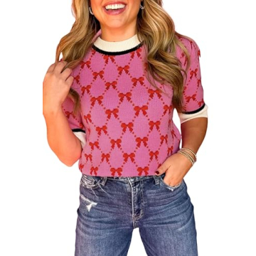 Ecosunny Women's Elegant Bow Print Casual Blouse in Pink