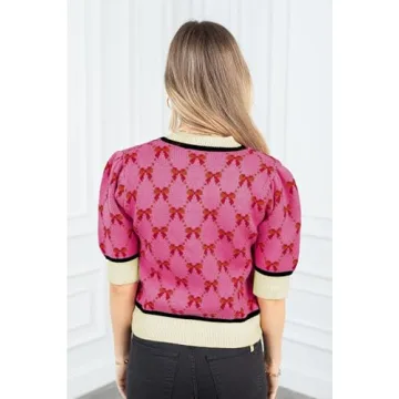 Ecosunny Women's Elegant Bow Print Casual Blouse in Pink