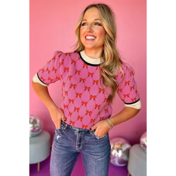 Ecosunny Women's Elegant Bow Print Casual Blouse in Pink