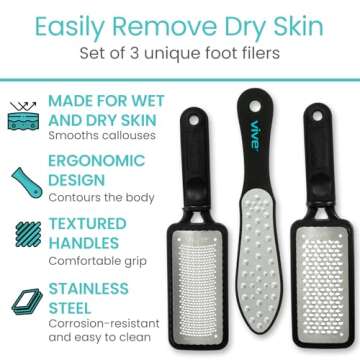 Vive Foot File (3 Pack) - Feet Scraper for Dead Skin - Heel Grater, Callus Remover Scrubber Tool, Ra...
