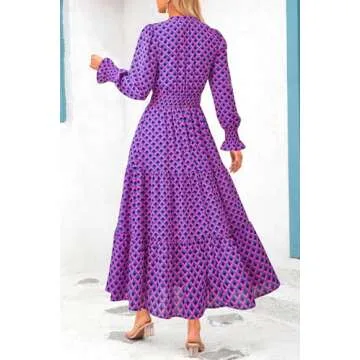 PRETTYGARDEN Women's Floral Maxi Dress - Spring Long Sleeve V Neck Casual Dress