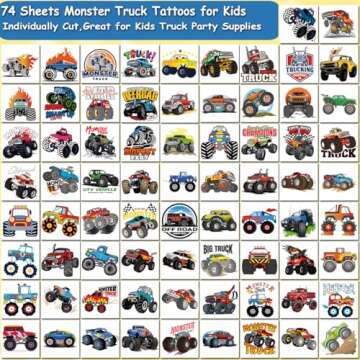 CHARLENT Monster Truck Temporary Tattoos for Kids Party Supplies - 74 Individually Sheets Monster Tr...