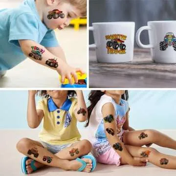 CHARLENT Monster Truck Temporary Tattoos for Kids Party Supplies - 74 Individually Sheets Monster Truck Tattoos for Boys Birthday Party Favors Goodie Bag Fillers