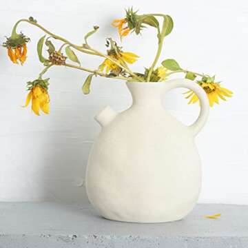 BlossoME Ceramic White Vase 8.5 Inch Tall Matte Flat Painting Pottery Jug Artisan Vintage Centerpiec...