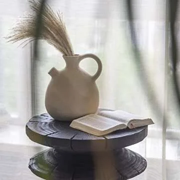 BlossoME Ceramic White Vase 8.5 Inch Tall Matte Flat Painting Pottery Jug Artisan Vintage Centerpiece Rustic and Country Ornament Bisque Handle Jar