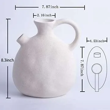 BlossoME Ceramic White Vase 8.5 Inch Tall Matte Flat Painting Pottery Jug Artisan Vintage Centerpiece Rustic and Country Ornament Bisque Handle Jar