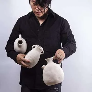 BlossoME Ceramic White Vase 8.5 Inch Tall Matte Flat Painting Pottery Jug Artisan Vintage Centerpiece Rustic and Country Ornament Bisque Handle Jar