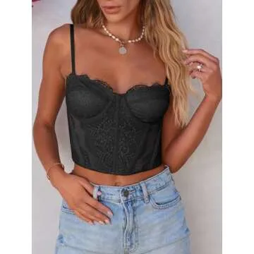 Dealmore Womens Corset Top Going Out Lace Spaghetti Strap Crop Y2K Mesh Date Night Party Bustier Cam...