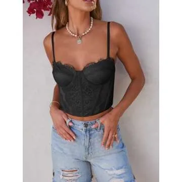 Dealmore Womens Corset Top Going Out Lace Spaghetti Strap Crop Y2K Mesh Date Night Party Bustier Cami 2025 Fashion Black Small