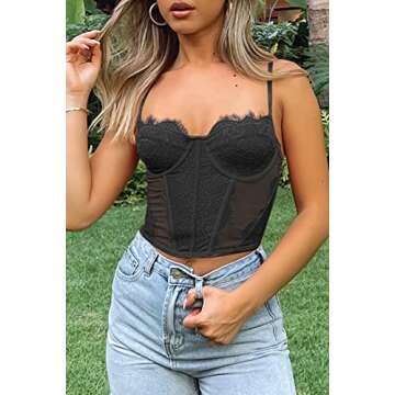 Dealmore Womens Corset Top Going Out Lace Spaghetti Strap Crop Y2K Mesh Date Night Party Bustier Cami 2025 Fashion Black Small