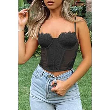 Dealmore Womens Corset Top Going Out Lace Spaghetti Strap Crop Y2K Mesh Date Night Party Bustier Cami 2025 Fashion Black Small