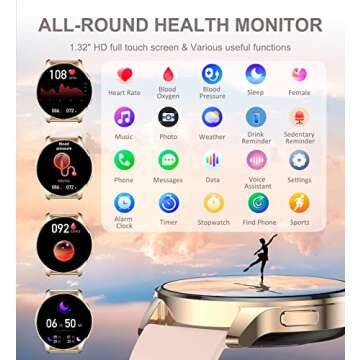 Iaret Smart Watch for Women, Bluetooth Call Fitness Tracker for Android and iOS Phones Waterproof Smartwatch with 1.32" HD Full Touch Screen AI Voice Control Heart Rate Sleep Monitor Pedometer