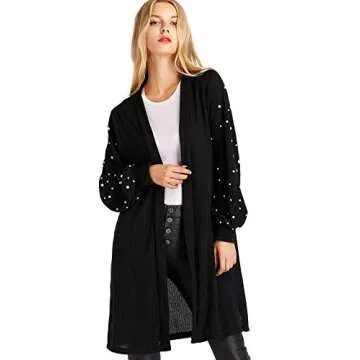 Floerns Women's Pearl Beading Lantern Sleeve Cardigan