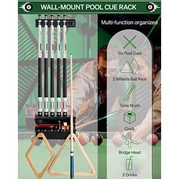 EXTCCT Wall Mount Pool Stick Holder - Billiards Pool Cue Rack Hardwood Pool Cue Set Holder for 6 Cue...