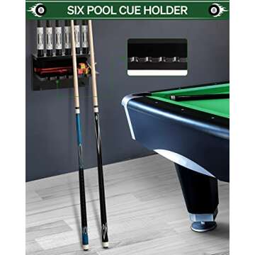 EXTCCT Wall Mount Pool Stick Holder - Billiards Pool Cue Rack Hardwood Pool Cue Set Holder for 6 Cues Sticks Storage Pool Table Accessories Equipment Organizer