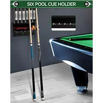 EXTCCT Wall Mount Pool Stick Holder - Billiards Pool Cue Rack Hardwood Pool Cue Set Holder for 6 Cues Sticks Storage Pool Table Accessories Equipment Organizer